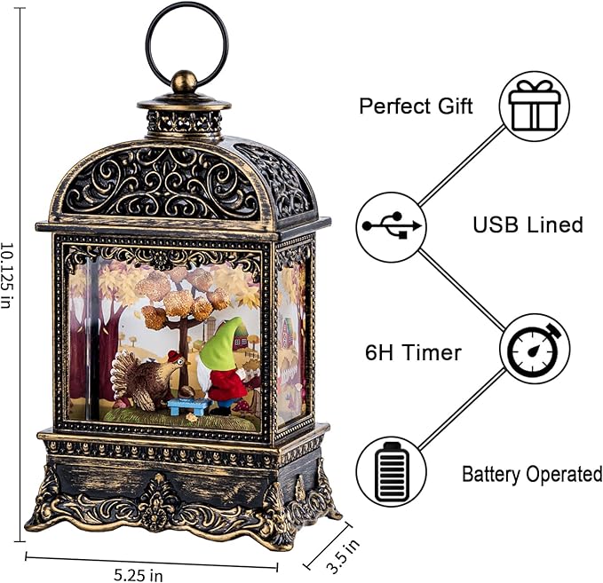 Fall Decor Snow Globe Lantern, Thanksgiving Decoration Swirling Glitter Gnome Snow Globe with Turkey, Harvest Day Gifts, Home Fall Halloween Decor