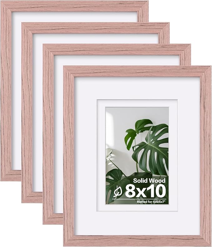 Egofine 8x10 Picture Frames Set of 4, Made of Solid Wood Covered by Plexiglass 4x6 and 5x7 with Mat or 8x10 without Mat, for Table Top Display and Wall Mounting Photo Frame Peach Pink