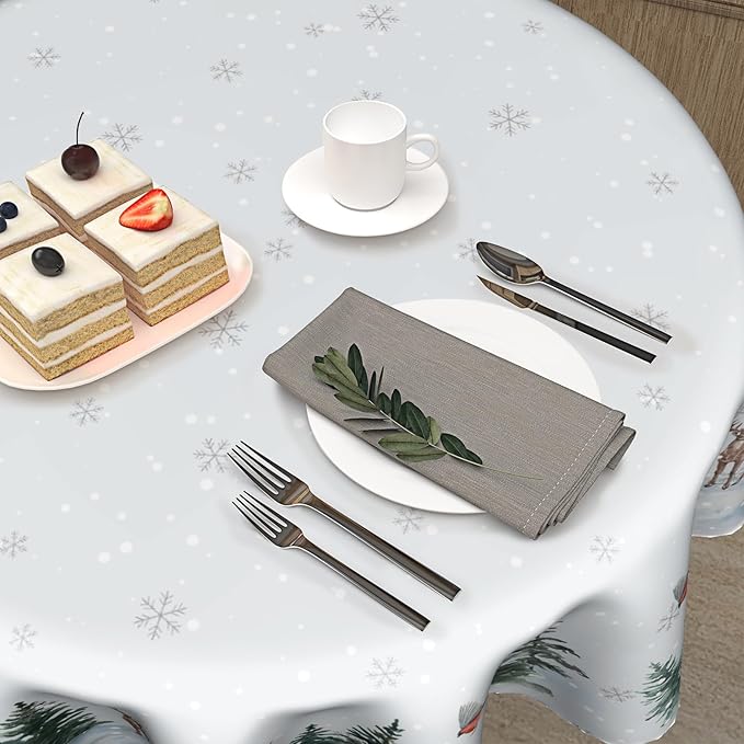 Winter Christmas Round Tablecloth 60 Inch Winter Snow Tree Deer Decorative Table Cloth Winter Holiday Table Cover for Christmas Party Kitchen Dining Room Holiday Picnic Home Indoor Outdoor Decor