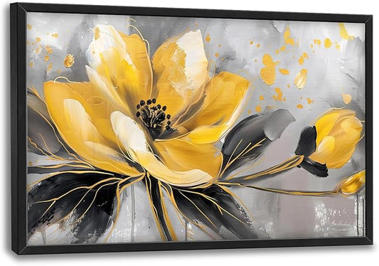 Framed Large Wall Art for Living Room, Yellow Floral Canvas Wall Decor, Gold Flower Pictures Painting, Natural Landscape Artwork for Living Room Bedroom Office 36L'' × 24W''