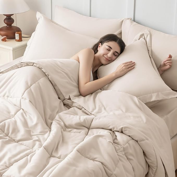 JOLLYVOGUE Twin Comforter Set, Ultra-Soft Bed in a Bag Twin Size 5 Pieces, Oeko-TEX Certified Bedding Set with Down Alternative Comforter, Sheets, Pillowcases & Shams, Beige