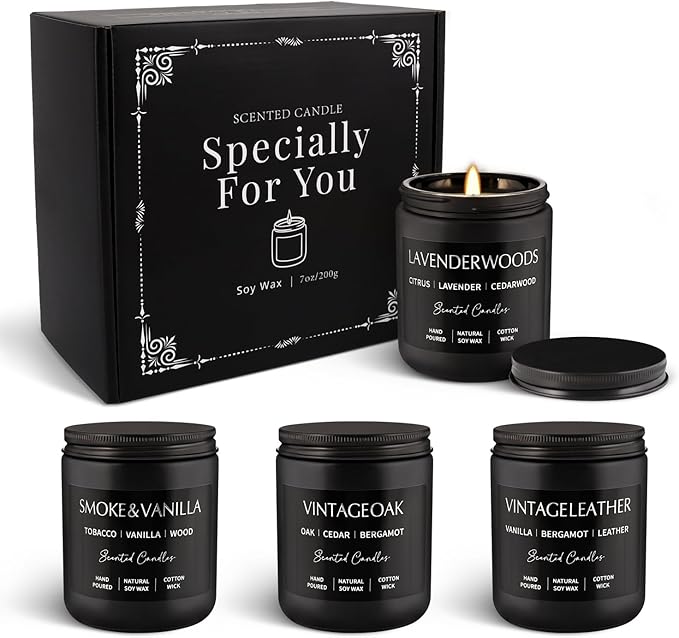 Scented Candles Gift Set - 4 Pack (7oz Each) Soy Wax Aromatherapy Candles with Essential Oils, Smokeless - Leather & Smoke, Vanilla Oakmoss, Lavender - Relaxing Fragrance for Home, Office, Yoga