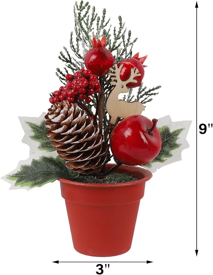 winemana Mini Christmas Tree Table Decorations, 6 Pcs Small Artificial Tree with Pine Cones & Red Berry, Holiday Tabletop Centerpiece for Home Kitchen Room Mantel Winter Party Decor