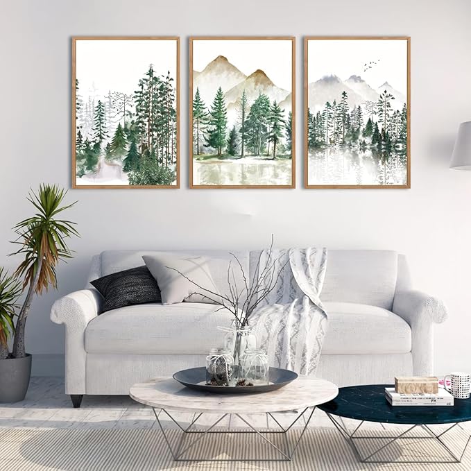 ANHUIB Large Framed Mountain Wall Art Watercolor Forest Landscape Painting Green Nature Prints Art Rustic Wall Decor Set of 3 for Living Room Bedroom Office 16x24 Inch