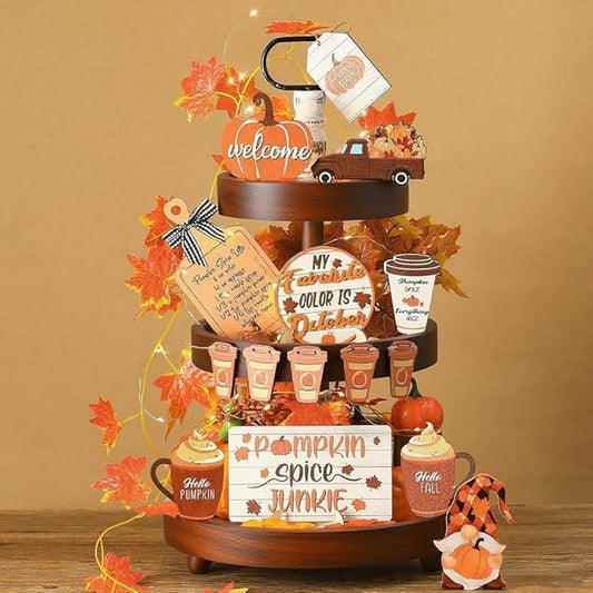 Fall Thanksgiving Tiered Tray Decor Set, Rustic Farmhouse Wood Sign, Hello Fall Pumpkin Truck Farmhouse Table Decor for Autumn Harvest 15PCS