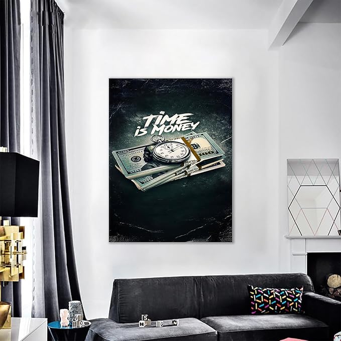 Time is Money Canvas Wall Art Inspirational Poster Print Nordic Vintage Painting Positive Pictures for Bedroom Living Room Decoration Modern Home Decor Wooden Framed Ready to Hang [40''W x 30''H]