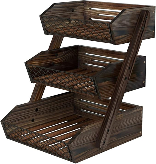 Dorhors Fruit Basket for Kitchen, 3 Tier Fruit Bowl for Kitchen Counter,Wooden Vegetable Holder for Countertop