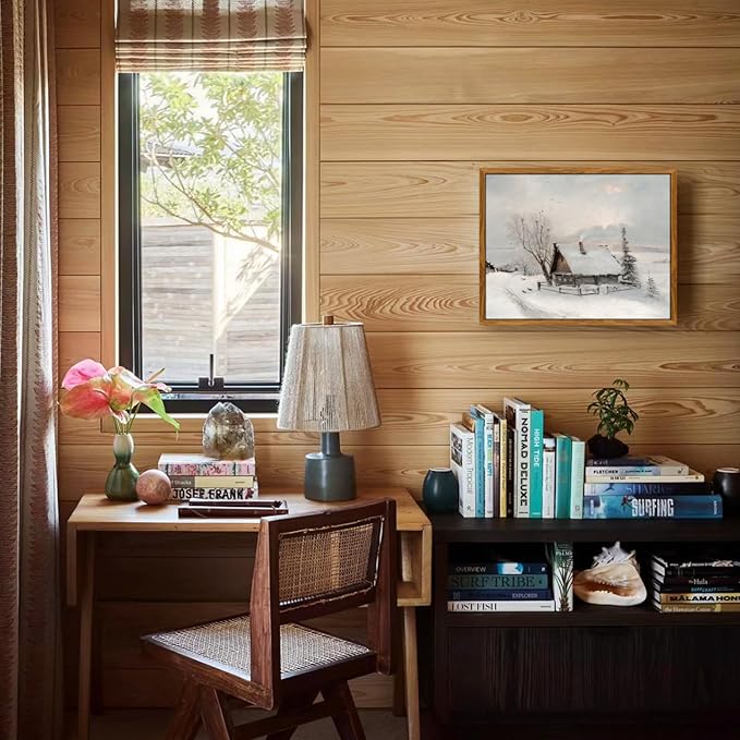 crmotu Framed Canvas Wall Art, Winter Scene Vintage Art Prints, Farmhouse Cottage Rustic Home Decorations, Snowy Cabin Pictures Wall Decor Living Room, Bedroom Kitchen Desktop Small Artwork 8x10in