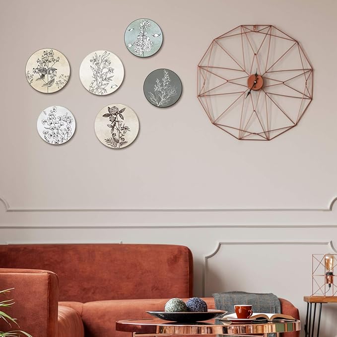 Barydat 6 Pieces Boho Plant Wall Art Decor Wooden Boho Farmhouse Rustic Bohemian Wall Hanging for Bedroom Living Room Office(Round,8 Inch, 10 Inch)