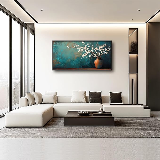 Teal Flowers Framed Wall Art for Living Room, Large Florals in Vase Canvas Wall Decor, Vintage Canvas Pictures Painting, Modern Artwork for Bathroom Bedroom 60L'' × 30W''