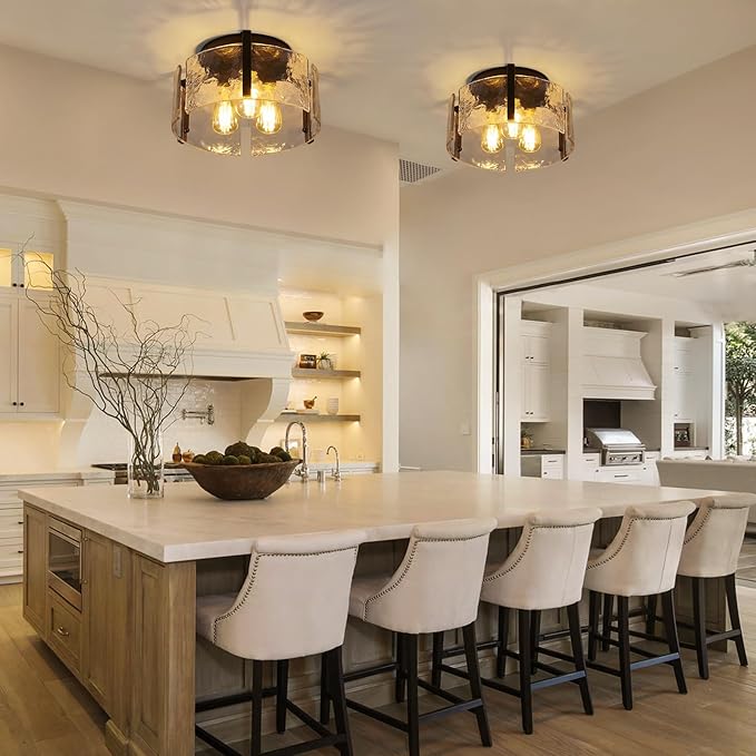 Black Semi Flush Mount Ceiling Light Fixture, 3-Light Modern Hallway Light Fixtures Ceiling Mount, Foyer Kitchen Lighting Fixtures Ceiling Lights for Bedroom, Bathroom, Laundry Room, Entryway, Hallway