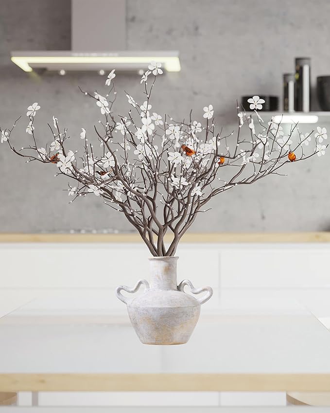 7.5 in Rustic Ceramic Farmhouse Vase with 2 Handles,Glazed Beige and Yellow Vintage Pottery Jar with Black Distressed Eroded Texture Finish,Boho for Home Decor,Tabletop,Mantel,or Living Room