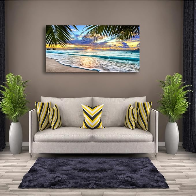 Beach Pictures Canvas Wall Art for Living room Bedroom Wall Decor,Sunset and Beautiful clouds Wall Art Print Paitnings for home Decor,Morden Artwork Waves Canvas Art Waterproof Stretched Ready to