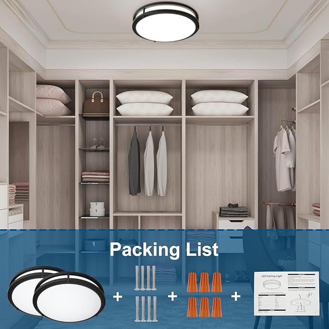 OOWOLF 2-Pack 36W 13inch LED Flush Mount Ceiling Light Fixture Dimmable Matte Black, Easy to Install LED Ceiling Lamp Fixture Without Flicker, Super Bright 3600LM 5000K Daylight White