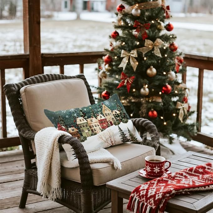 Winter Lumbar Decorative Rectangle Pillow Cover 12 x 20, Wonderland Forest House Snowflake Vintage Porch Outdoor Pillowcase, Christmas Holiday Seasonal Farmhouse Cushion Case Home Decor