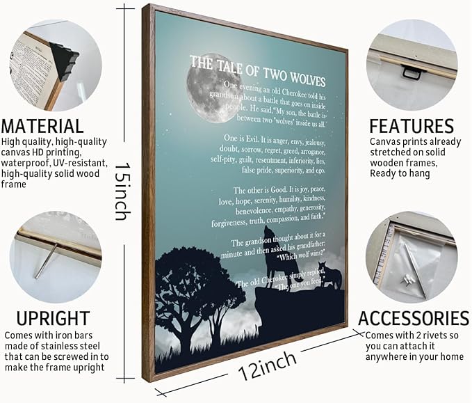 The Tale of Two Wolves, Framed Wolf Wall Art, Framed Canvas Wall Art Inspirational Quote Decor, Wolfs Décor, Wolfish Gifts, wolfish Canvas Décor (Blue)