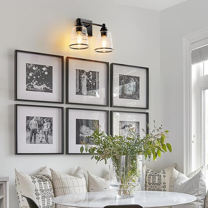 Black Bathroom Vanity Light Fixture, 2 Light Bathroom Light Fixtures Over Mirror with Clear Glass Shade and Metal Base Wall Sconce,13.4 inch Modern Vanity Light for Bathroom (Exclude E26 Bulb)