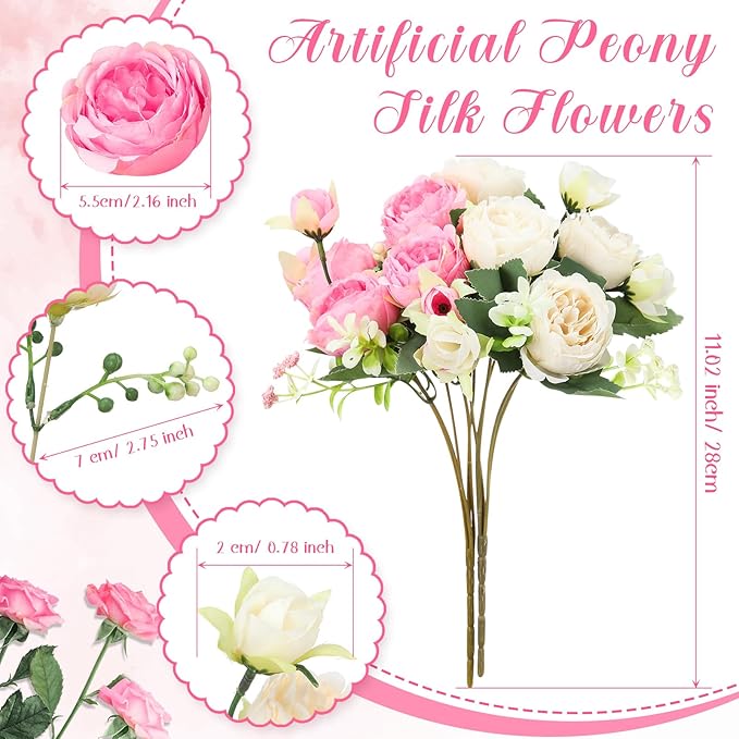 Geosar 8 Bundles Artificial Peonies Flowers Fake Silk Peony Bouquet Faux Peonies Flowers Bulk for Decoration Vase Florals Arrangements Wedding Party Table (Pink,Champagne)