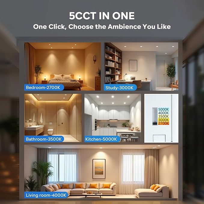 LVWIT 12 Pack Recessed Lighting 6 Inch with Junction Box, Ultra-Thin Dimmable 1200LM 2700K-5000K Wafer Downlight, Canless Smooth Trim LED Ceiling Light with ETL,FCC&IC