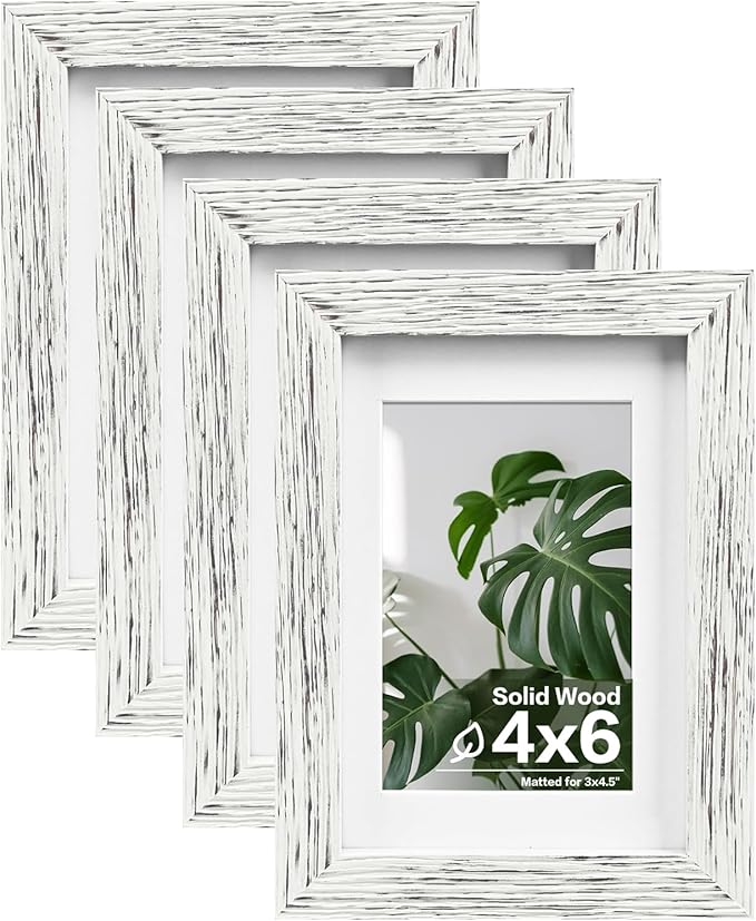 Egofine 4x6 Picture Frames Set of 4, Made of Solid Wood Covered by Plexiglass 3.5x5 with Mat or 4x6 without Mat, for Table Top Display and Wall Mounting Photo Frame Driftwood White