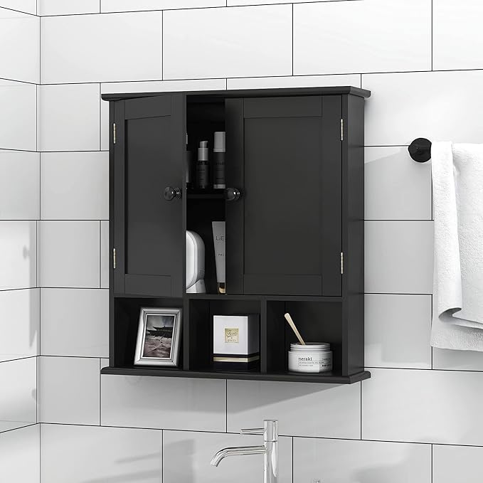 TaoHFE Black Bathroom Cabinet, Wall Mounted 2 Door Storage With Adjustable Shelves, Over The Toilet Medicine Cabinet for Laundry Room Kitchen