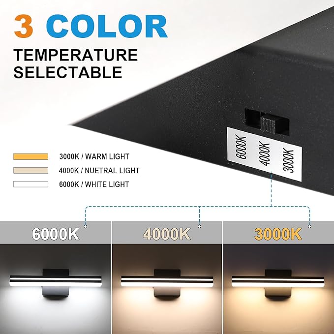 SineRise LED Modern Bathroom Vanity Light Fixtures (16-Inch, 3000K/4000K/6000K, Dimmable), Matte Black Modern Acrylic Bathroom Wall Lighting Fixtures Over Mirror