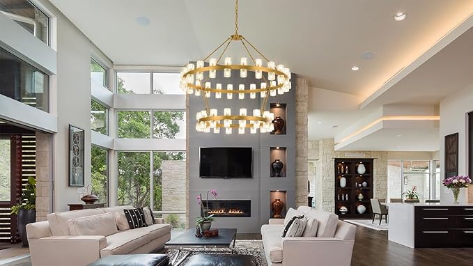 48 Inch Gold Wagon Wheel Chandelier with Crystal Shade, 2 Tier 80 Lights, Modern Farmhouse Style, Ideal for Dining Room, Kitchen, Entryways