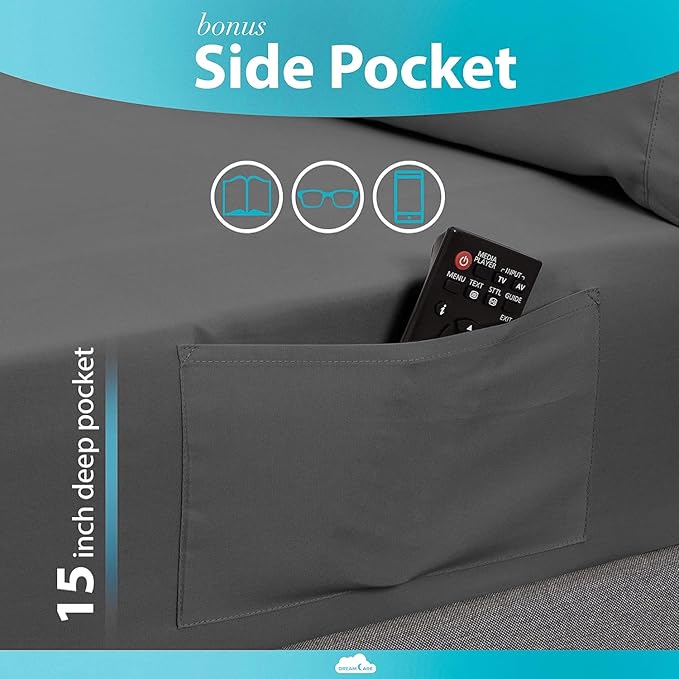 DREAMCARE Twin XL Sheet Set - Cooling Bed Sheets - 4pc Set - Deep Pocket - Soft & Long Lasting 100% Polyester with Side Pocket - Dark Gray