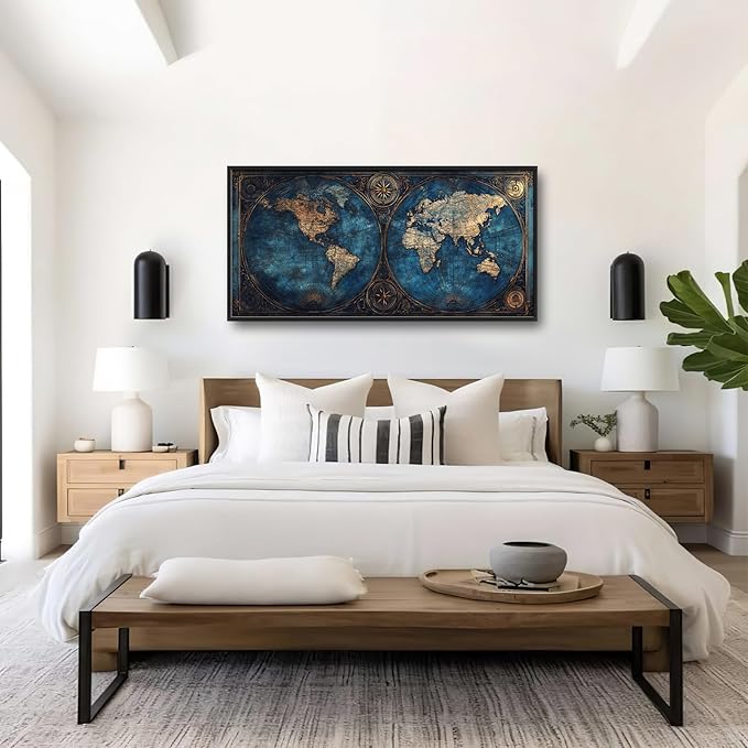 World Map Framed Wall Art for Living Room, Large Map of The World Canvas Wall Decor, Vintage Maps Pictures Painting, Modern Artwork for Office Bathroom Bedroom 60L'' × 30W''