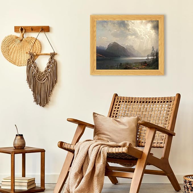 Brivoria Framed Canvas Wall Art Vintage Decor, Dramatic Mountain Scene with Dark Forest Canoes and Cloud Break Above Lake for Hallway Dining Room or Nature-Inspired Wall Decoration, 13"x16"