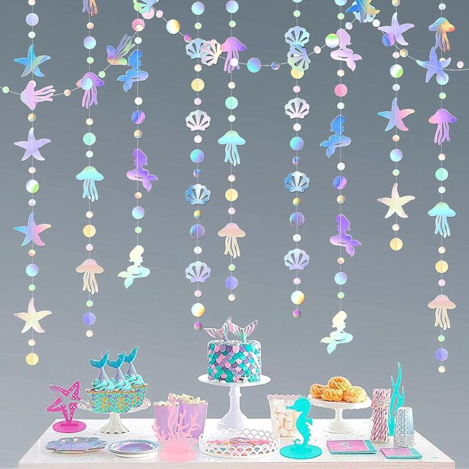 Iridescent Mermaid Birthday Party-Decorations Garland - 40FT Euphoria Under The Sea Jelly Fish Favors,Seashell Starfish Hanging Streamers Swirl,Little Mermaid Baby Shower Banner Decor Panduola
