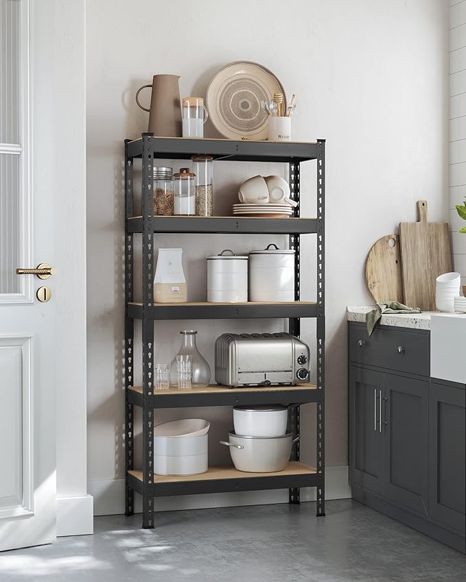 SONGMICS 5-Tier Storage Shelves, Load 2310 lb, Garage Storage, Boltless Assembly, Adjustable Shelving Unit, 11.8 x 29.5 x 59.1 Inches, for Study Shed Basement, Black and Natural Beige UGLR300B01