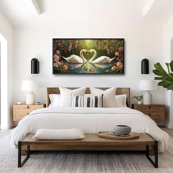 Swans Framed Wall Art for Living Room, Large Lake Loving Swans Canvas Wall Decor, Country Animal Pictures Painting, Natural Landscape Modern Artwork for Bathroom Bedroom 60L'' × 30W''