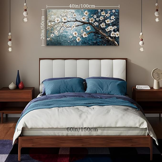 crmotu Plum Blossom Wall Art, Japanese Flower Canvas Large Artwork, Teal Blue Tree Trunk Oil Paintings Prints, Modern Aesthetic Pictures Wall Decor Living Room Bedroom Home Office 20X40 Inches