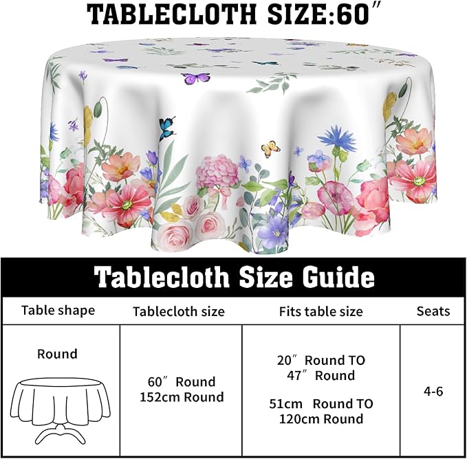 Spring Flower Tablecloth Round 60 Inch Spring Floral Tablecloths Watercolor Butterfly Flower Table Cloth Round Farmhouse Wildflowers Tablecloths Washable Table Cover for Indoor Outdoor Table Decor