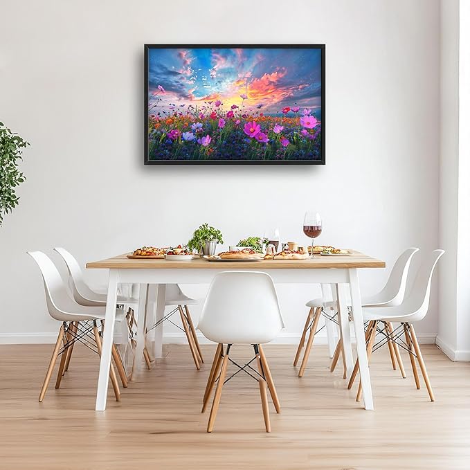 Flower Field Sunrise Large Framed Wall Art Oversized Daisy WildFlower Landscape Pictures Floral Wall Decor Canvas Print Painting Aesthetic Modern Artwork for Living Room Bedroom Office Bathroom Home Decor 36L"x24W"