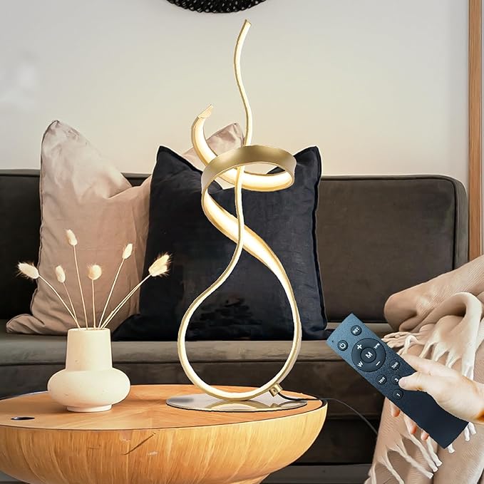 Gold Art Spiral 24W LED Table Lamp with Touch Remote Dimmer, 22" Unique Creative Stylish Smart Lamp, LED Desk Lamp for Dining Room, Bedroom, Bedside, Restaurant, Bar (Gold)