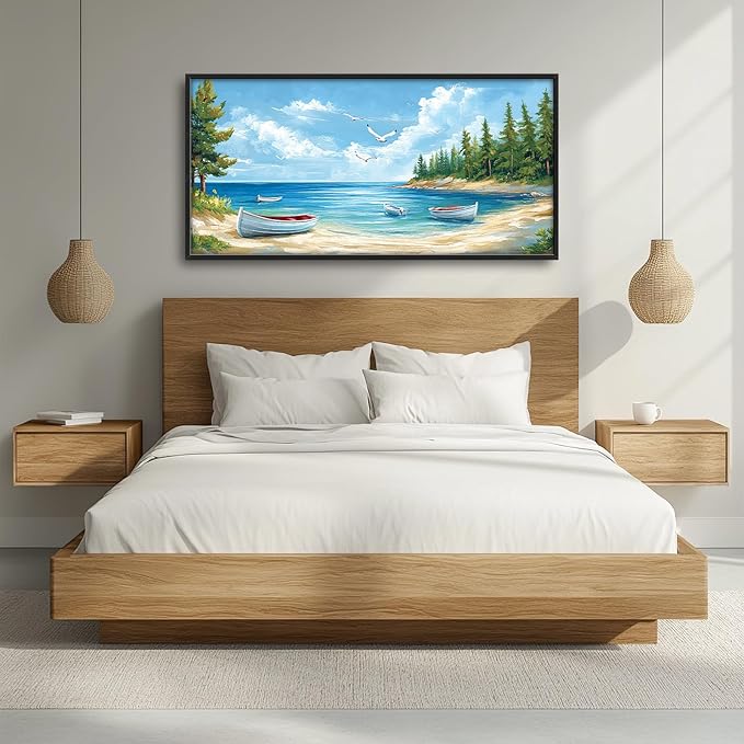 Framed Large Wall Art for Living Room, Beach Boat Canvas Wall Decor, Large Coast Sailboat Picture Framed Painting, Modern Artwork for Bedroom Office 60L'' × 30W''