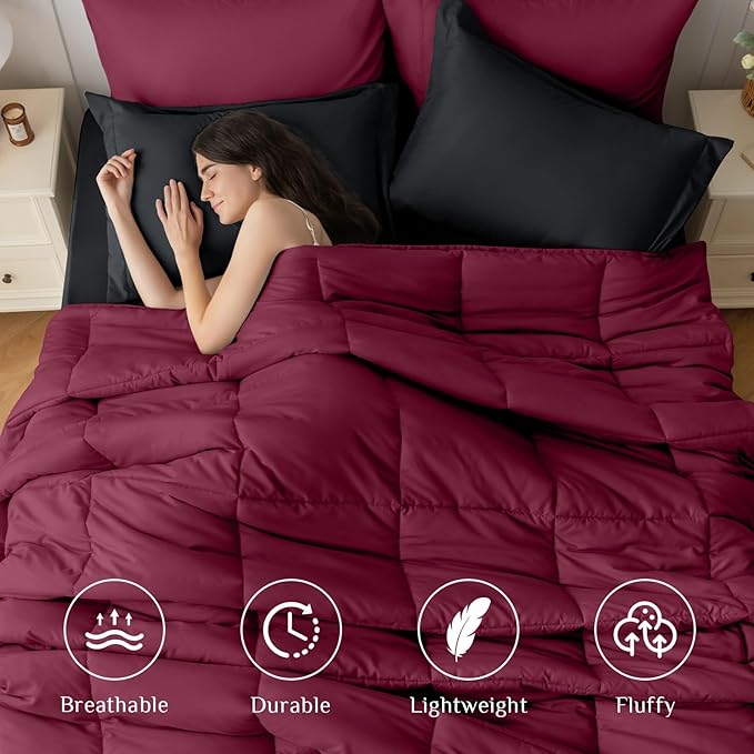 JOLLYVOGUE Twin XL Comforter Set, Ultra-Soft Bed in a Bag Twin XL Size 5 Pieces, Oeko-TEX Certified Bedding Set with Down Alternative Comforter, Sheets, Pillowcases & Shams, Burgundy & Black