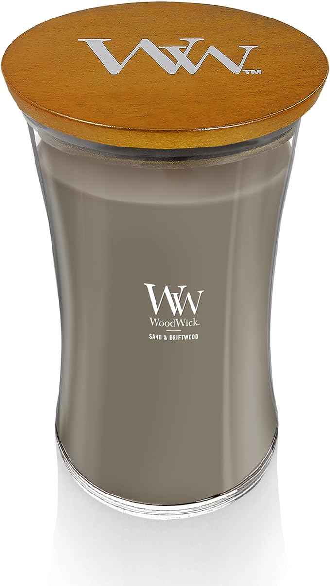 WoodWick Large Hourglass Candle Sand/Driftwood - Premium Soy Blend Wax Pluswick Innovation Wood Wick Made in USA