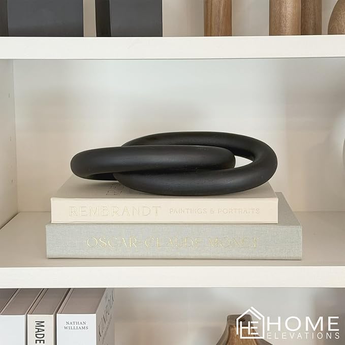 Wood Chain Link Decor – 13” Black Wooden Decorative Object for Coffee Table Decor & Neutral Decor for Home – Modern Knot Accent for Shelf Styling, Books, or Housewarming Gifts