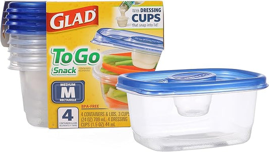 Glad GladWare To Go Snack Food Storage Containers - Medium Round - Meal Container Holds up to 24 Ounces of Food - Lock Tight Seal, 4 Count