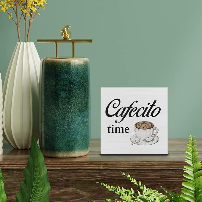 Country Cafecito Time Wood Box Sign Decor Desk Sign Coffee Caffeine Lover Wooden Box Block Sign Rustic Home Kitchen Shelf Tabletop Wall Decoration