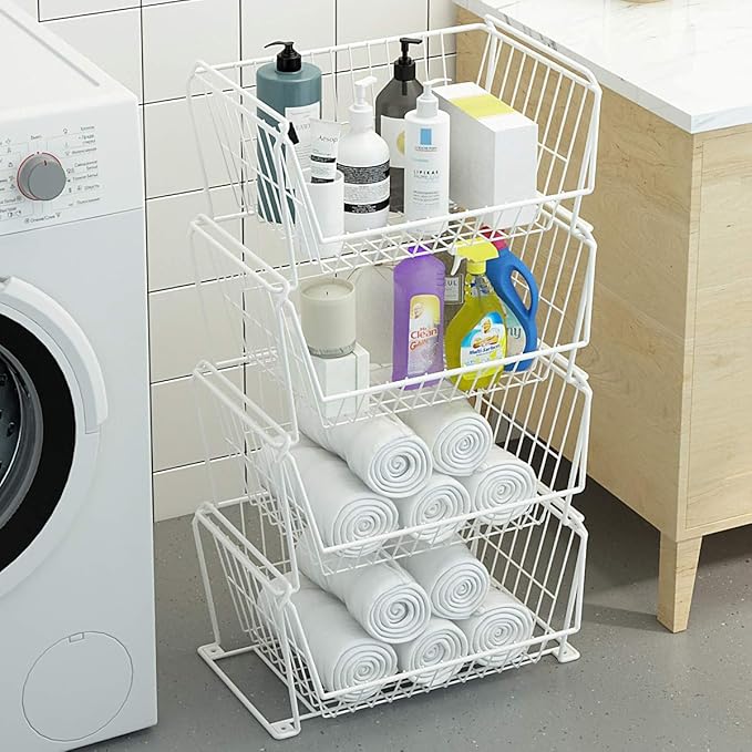 PUSDON Stackable Metal Storage Carts, Dual Use Shelf for Kitchen Fruit Vegetable Baskets with Wheels, Storage Rack for Living Room, Home & Office, Plus White 4 Tiers