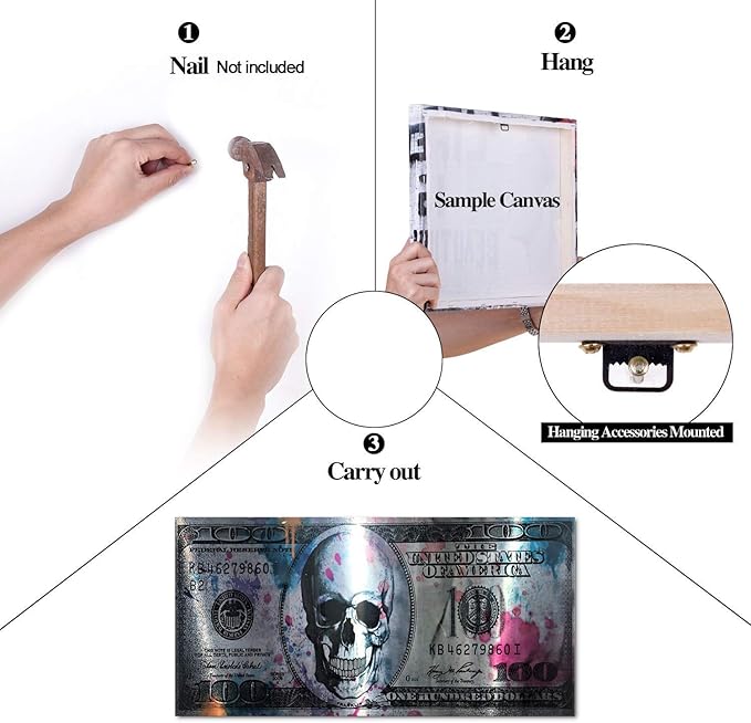 Yatsen Bridge Retro Skull Dollar Bill Canvas Art Print, 48" W x 24" H, Framed, Green, Black, Wood Frame, Waterproof, Landscape, Glossy Finish, Perfect for Living Room, Bedroom, Kitchen, Office, Bar