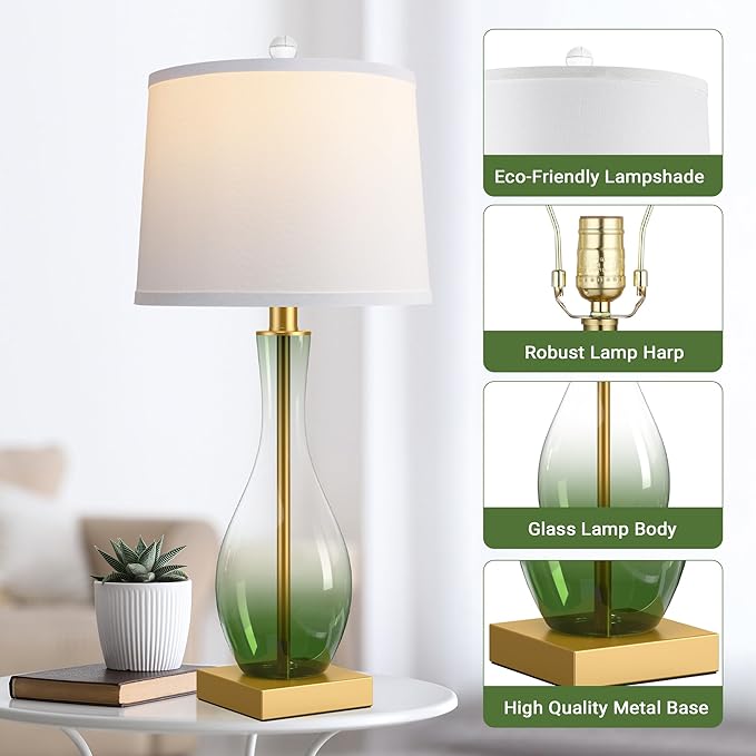 3-Way Dimmable Modern Glass table lamp for Living Room, Green Table Lamps Set of 2 with Touch Control, USB C and A Charging Ports, 27" Bedside Desk Lamps for Nightstand Decorations(LED Bulbs Included)