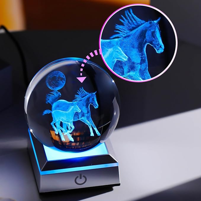 Ornalrist 3D Crystal Ball Engraved Mom and Baby Horse with Multicolor LED Light Base - Horse Lovers Gifts Home Decor