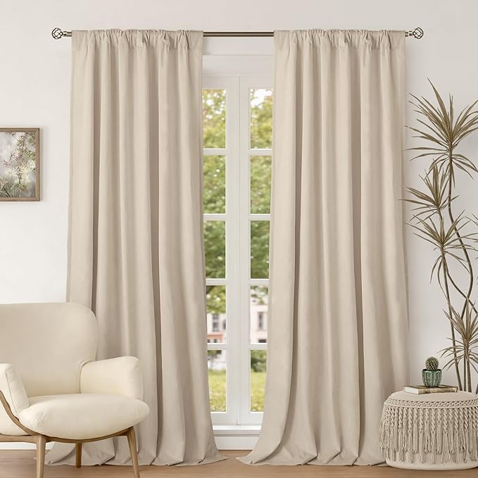 BGment Cream Beige Velvet Curtains 90 Inch for Bedroom, Thick Thermal Insulated Room Darkening Curtains Noise Reduce Back Tab and Rod Pocket Window Panels for Living Room, 2 Panels, 52 x 90 Inch