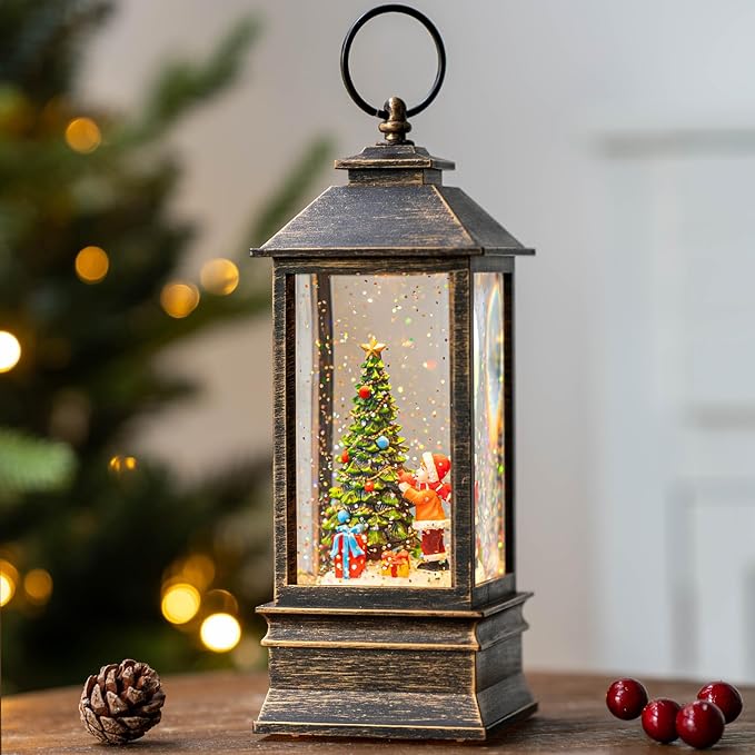 Christmas Snow Globe Lantern Water Glittering Christmas Tree Gifts with Music & Timer, USB Lined/Battery Operated Lighted Lantern for Christmas Festival Decorations