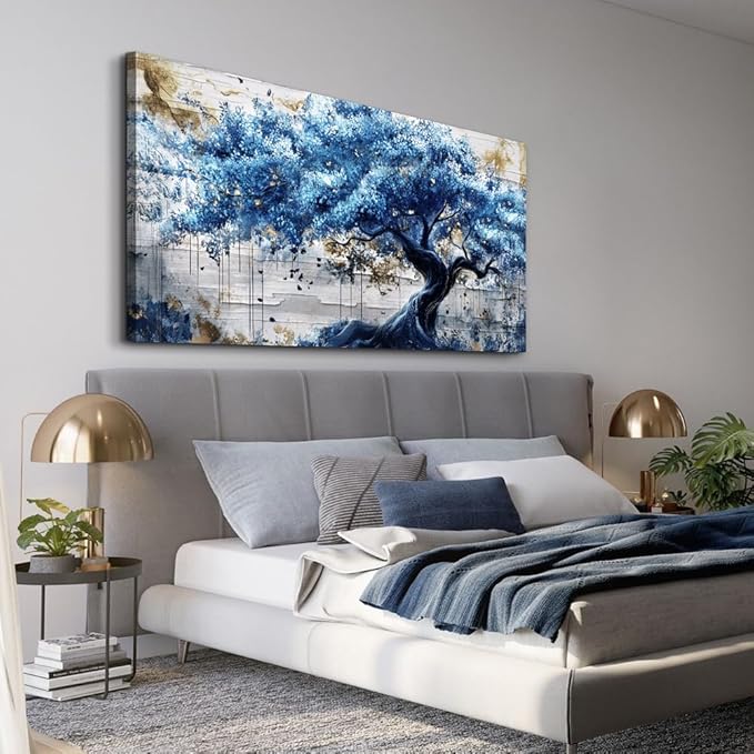 ERQINHUA Large Canvas Wall Decor For Living Room Wall Art For Bedroom Office Decor Blue Tree Wall Paintings Farmhouse Abstract Watercolour Pictures Artwork Home Decor Ready To Hang Posters 30"X60"